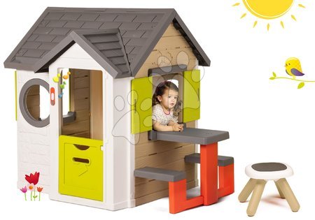Set căsuţă My Neo House DeLuxe Smoby cu sonerie intrare prin spate și taburet cadou KidStool 2în1 de la 24 de luni