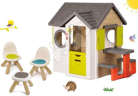 Set căsuță My Neo House DeLuxe Smoby cu sonerie, intrare prin spate și măsuță picnic cu scăunele KidChair de la 24 luni