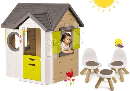 Domki dla dzieci - Zestaw domek My Neo House DeLuxe Smoby z dzwonkiem i dwuskrzydłowymi drzwiami oraz 2 krzesełka i taboret KidChair od 24 m-ca