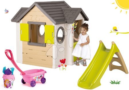 Játékok lányoknak - Szett házikó My Neo House DeLuxe Smoby csöngővel, 2 ajtóval és csúszda húzható kiskocsival 24 hó-tól