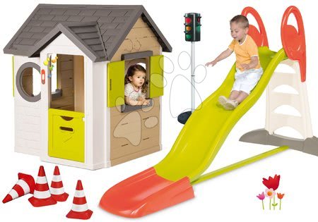 Hračky pre chlapcov - Set domček My Neo House DeLuxe Smoby so zvončekom, šmykľavka Toboggan XL s dĺžkou 2,3 m, semafor a cestné kužele od 24 mes