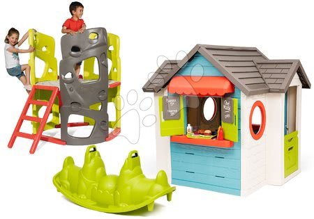 Igrače za otroke od 2. do 3. leta - Komplet hišica z vrtno restavracijo Chef House DeLuxe Smoby in plezalo s toboganom in lestvijo ter dvostranska gugalnica