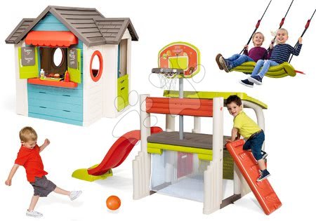 Hračky pre deti od 2 do 3 rokov - Set domček so záhradnou reštauráciou Chef House DeLuxe Smoby a športové hracie centrum s basketbalovým košom a hojdačka pre dve deti