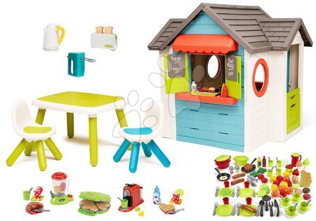 Kerti játszóház szettek - Szett házikó kerti büfével Chef House DeLuxe Smoby és asztal székekkel és konyhai eszközök élelmiszerekkel
