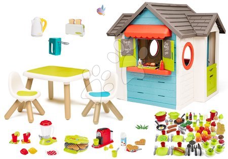 Kerti játszóház szettek - Szett házikó kerti büfével Chef House DeLuxe Smoby és asztal székekkel és konyhai eszközök élelmiszerekkel
