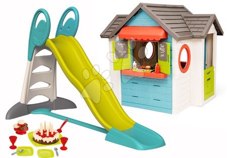 Kleine Spielhäuser mit Rutsche - Set Häuschen mit Gartenrestaurant Chef House DeLuxe Smoby