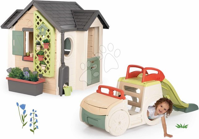 Smoby - Szett házikó kertész részére auto mászókával és 1,5 m csúszdával Garden House Smoby