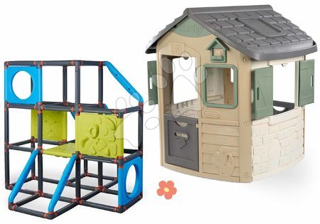 Domčeky v setoch - Set domček ekologický a preliezačka s lezeckými stenami Frame Kraxxl Neo Jura Lodge Playhouse Green Smoby