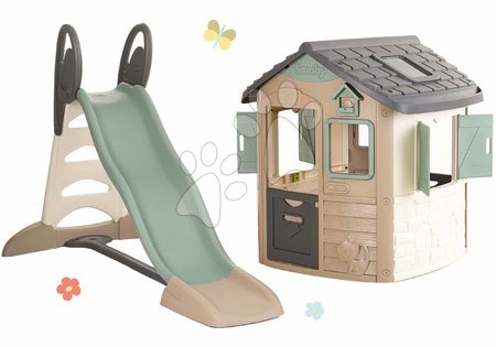 Hračky pre deti od 2 do 3 rokov - Set domček ekologický Neo Jura Lodge Playhouse s 2,3 m šmykľavkou Green Smoby