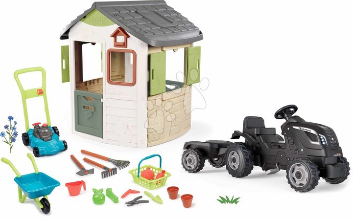 De 2 a 3 años - Set de casa ecológica con tractor y remolque Farmer XL Neo Jura Lodge Playhouse Green Smoby