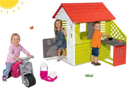 Játékok lányoknak - Szett házikó Pretty Nature Smoby nyári kiskonyháva és bébitaxi Girl Bike és cipővédő huzat Shoe-Care 24 hó-tól