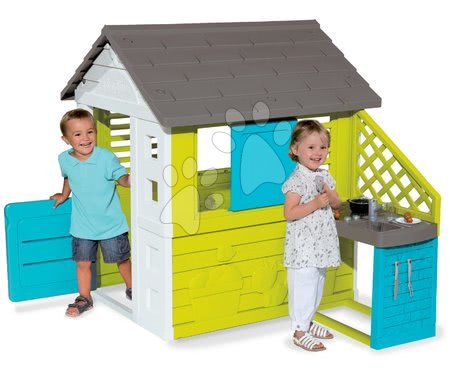 Dětské domečky - Set domeček Pretty Blue Smoby s letní kuchyňkou a židle KidChair zelená a modrá od 24 měsíců_1