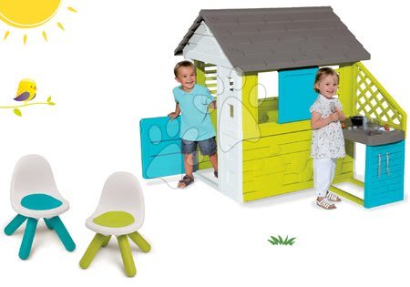 Dětské domečky - Set domeček Pretty Blue Smoby s letní kuchyňkou a židle KidChair zelená a modrá od 24 měsíců