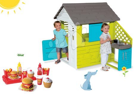 Detské domčeky - Set domček Pretty Blue Smoby s letnou kuchynkou a hamburger s kečupom 100% Chef s 25 doplnkami od 24 mes
