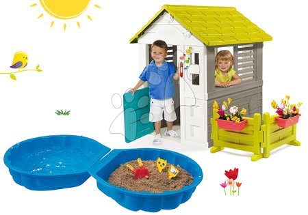 Spielhäuser mit Sandkasten - Set Häuschen Jolie Smoby blau mit 3 Fenstern und 2 Jalousien