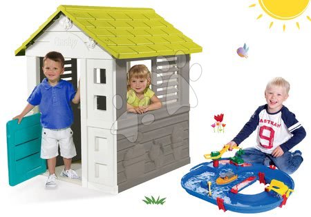Spielhäuser mit Wasserrutsche - Set Häuschen  Jolie Smoby blau mit 3 Fenstern und 2 Jalousien