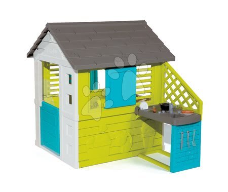 Domki dla dzieci - Domek z kuchnią Pretty Blue Smoby niebiesko-zielony, 3 okna z 2 roletami i 2 przesuwane okiennice z filtrem UV oraz 17 dodatków od 2 lat_1