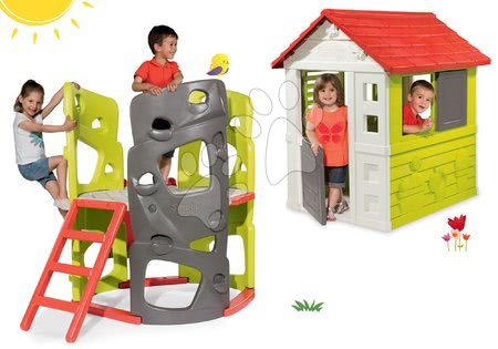 Hračky pre chlapcov - Set domček Nature Smoby so zasúvacou okenicou a preliezačka Multiactivity Climbing Tower so šmykľavkou od 24 mes
