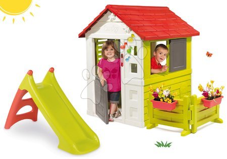 Kleine Spielhäuser mit Rutsche - Set Häuschen Nature Smoby rot 3 Fenster 2 Jalousien und Rollladen