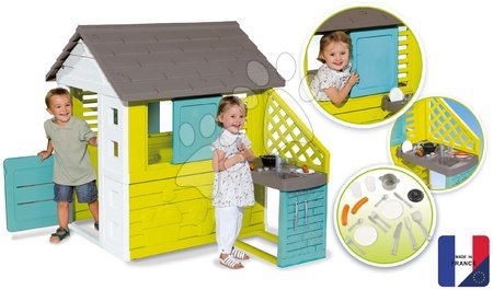 Dětské domečky - Domeček Pretty Blue Smoby s letní kuchyňkou a zasouvací okenicí od 24 měsíců
