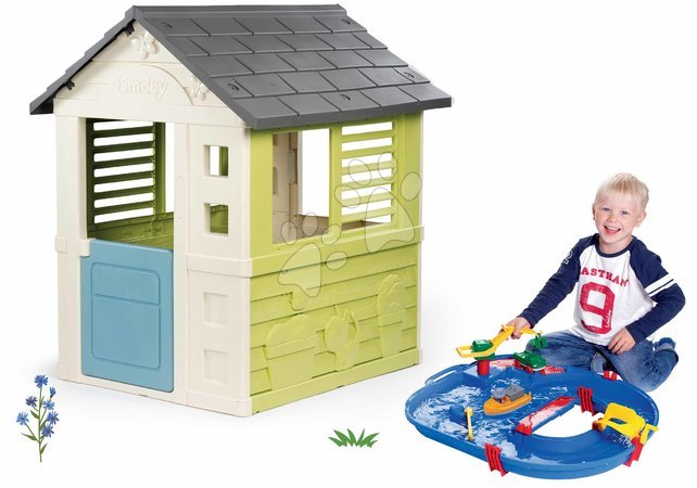Ab 2 bis 3 Jahren - Set Spielhaus Jolie blau mit 3 Fenstern und 2 Jalousien Smoby
