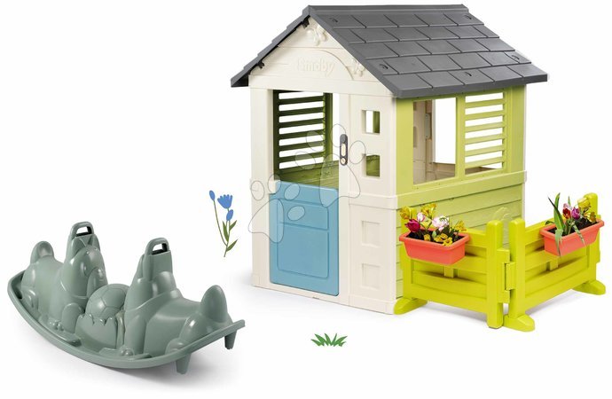 Ab 2 bis 3 Jahren - Set Spielhaus Jolie blau mit 3 Fenstern und 2 Jalousien Smoby