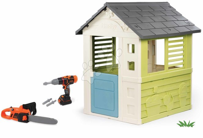 Spielhäuser mit Werkzeug | Seite 2 - Set Spielhaus Jolie blau mit 3 Fenstern und 2 Jalousien Smoby