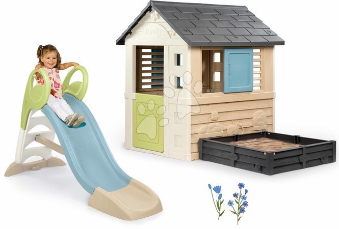 Sets | Seite 17 - Spielhaus-Set mit einem Sandkasten und einer 1,5 m langen Rutsche mit Wasserfontäne Square Life Smoby