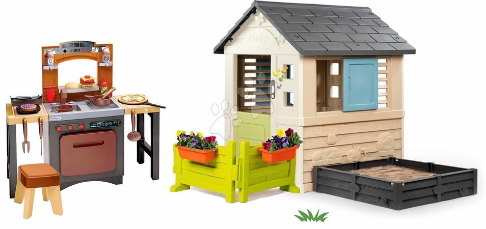 Sets | Seite 16 - Spielhaus-Set mit Sandkasten und Küche mit Pizzeria Square Life Smoby