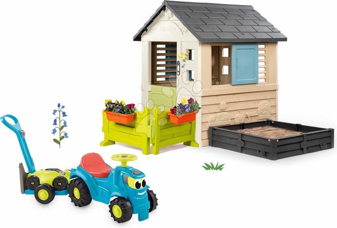 Sets | Seite 17 - Spielhaus-Set mit Sandkasten und einem Rutschfahrzeug mit Rasenmäher Square Life Smoby