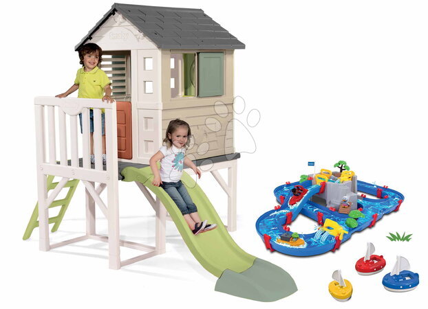 Kerti játszóházak vízi pályákkal - Szett házikó pilléreken és vízi pálya barlanggal és hajókkal  House On Stilts Life Smoby