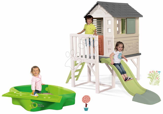 Kerti játszóházak homokozóval - Szett házikó pilléreken és homokozó vízi pályával House On Stilts Life Smoby