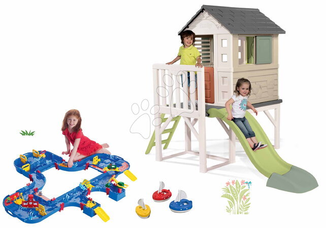 Kerti játszóházak vízi pályákkal - Szett házikó pilléreken és vízi pálya kofferben House On Stilts Life Smoby