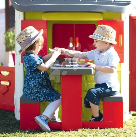 Spielhäuser mit Sandkasten - Set Spielhaus der Freunde mit Sitzgelegenheiten am Blumenbeet in eleganten Farben Friends House Evo Playhouse Smoby_1
