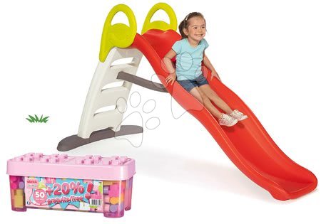 Tobogane - Set tobogan cu jet de apă Funny Toboggan Smoby de 2 metri și cadou joc de construit în cutie de depozitare 50+20% cuburi roz