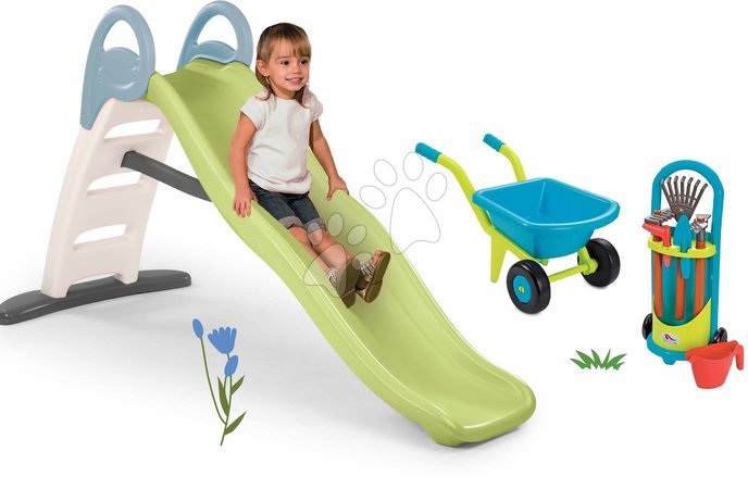 Rutschen für Kinder  - Set Rutsche mit doppelter Welle und Gartenwagen mit Werkzeug Toboggan Life Smoby