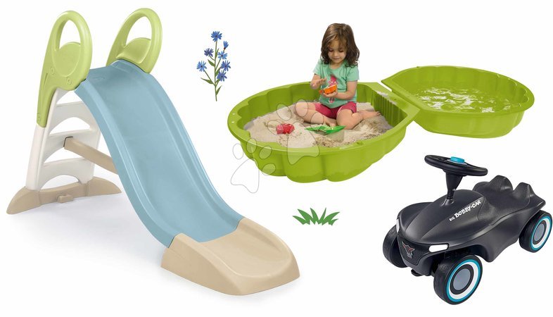 Rutschen mit Sandkasten - Set Rutsche und Wasserspiel sowie ein Rutschfahrzeug mit Geräuschen Toboggan GM Slide Life Smoby