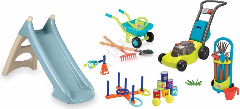 Rutschen Sets | Seite 8 - Set: Rutsche mit Wasserspiel und Rasenmäher mit Schubkarre – XS Slide Blue Life Smoby