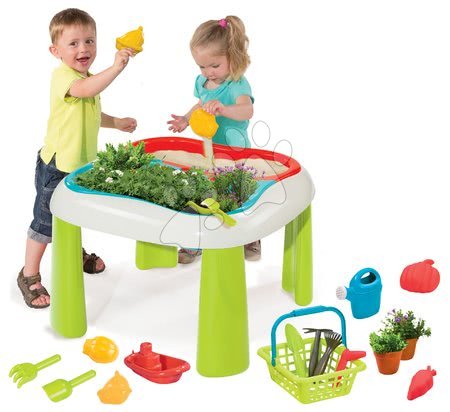 Dětský záhradní nábytek - Stůl Zahradník De Jardinage 2v1 Smoby dvoudílný se zahrádkou a pískoviště/bazén s krytem a 15 doplňky od 24 měsíců