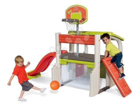 Hračky a hry na zahradu - Hrací centrum Multisport Fun Center Smoby se 150 cm skluzavkou basketbalem fotbalem a piknikovým stolem od 2 let_1
