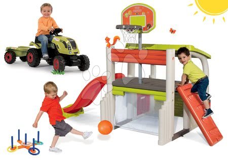 Hrací centra - Set hrací centrum Fun Center se skluzavkou Smoby dlouhou 150 cm, traktor Claas Farmer XL a kruhy na házení od 24 měsíců