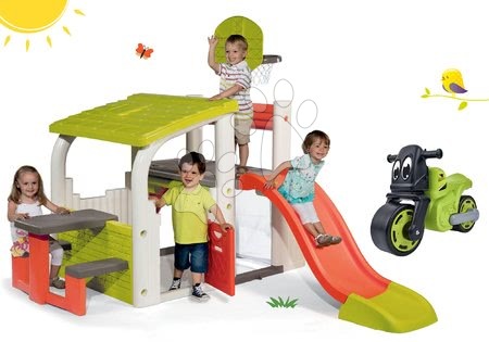 Hračky pre chlapcov - Set hracie centrum Fun Center Smoby so šmykľavkou dlhou 150 cm a odrážadlo Racing Bike od 24 mes