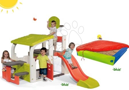 Hracie centrá - Set hracie centrum Fun Center Smoby so šmykľavkou dlhou 150 cm a farebné pieskovisko s plachtou od 24 mes