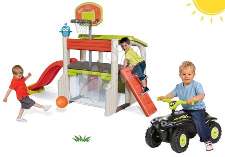 Hračky pre chlapcov - Set hracie centrum Fun Center Smoby so šmykľavkou a odrážadlo štvorkolka Quad s klaksónom od 24 mes