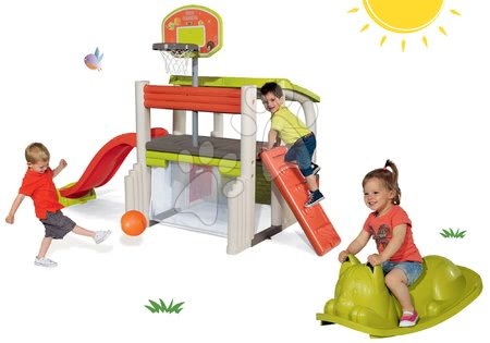 Hračky pre dievčatá - Set hracie centrum Fun Center Smoby so šmykľavkou a zelená hojdačka Kocúr od 24 mes