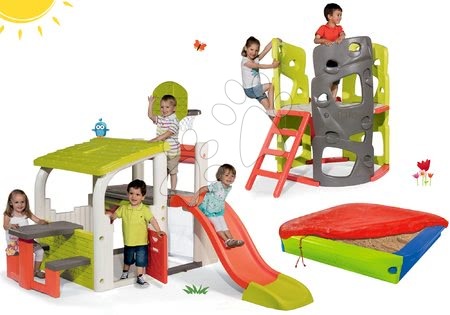 Hračky a hry na záhradu - Set hracie centrum Fun Center Smoby so šmykľavkou 150 cm a preliezačka MultiActivity Climbing Tower od 24 mes