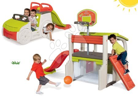 Hrací centra - Set hrací centrum Fun Center Smoby se skluzavkou 150 cm, prolézačka Adventure Car, pískoviště od 24 měsíců