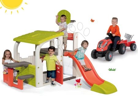 Hračky pre chlapcov - Set hracie centrum Fun Center Smoby so šmykľavkou dlhou 150 cm a traktor Farmer XL s prívesom červený
