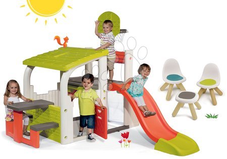 Hračky pre chlapcov - Set hracie centrum Fun Center Smoby so šmykľavkou dlhou 150 cm a Piknik stolík s dvoma stoličkami KidChair Red od 24 mes