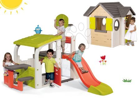 Hračky pre chlapcov - Set hracie centrum Fun Center Smoby so šmykľavkou dlhou 150 cm a domček My House od 24 mes